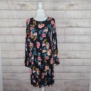 LOFT Women's Black Floral Bar Back Long Sleeve Mini Flare Dress Size 12 NWT